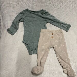 EasyPeasy Organic Tan Pants, Little Planet Organic Green and White Stripe Shirt